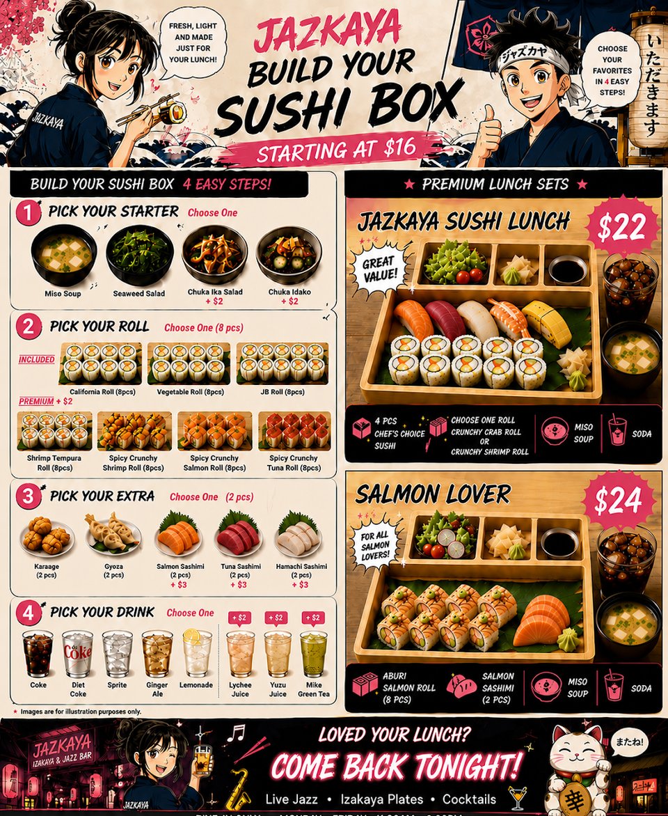 Lunch set menu with sushi box options.