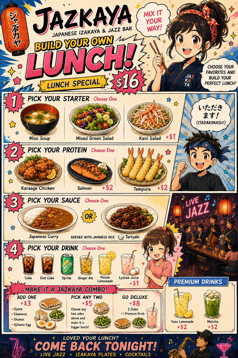 Japanese lunch menu with rolls and starters.